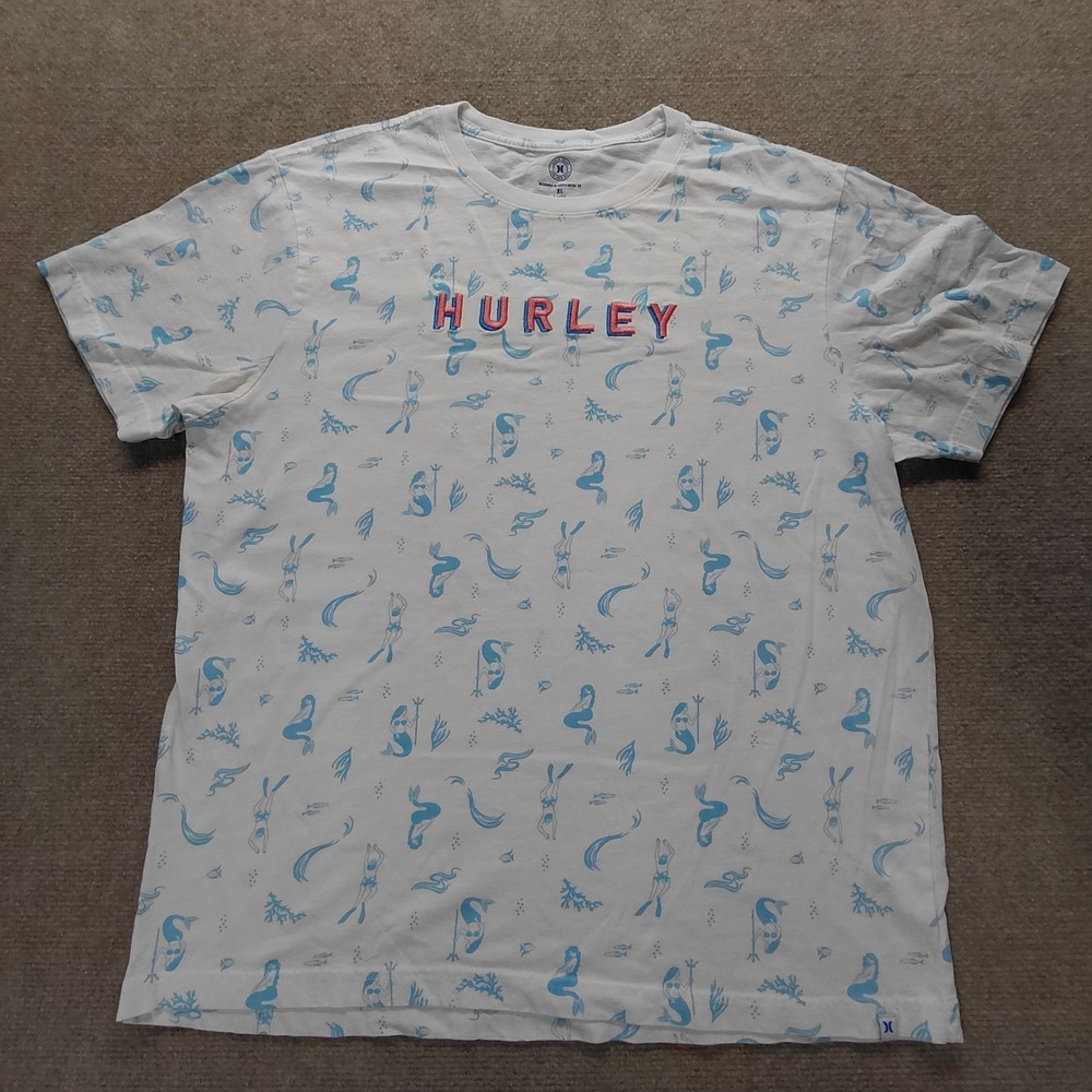 Hurley T-Shirt Mens XL White w/ Blue Swimmer & Mermaid Print Embroidered Logo
